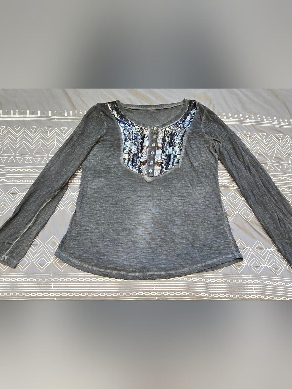 Free People Tiger Eyes Sequin Bib Henley Longsleeve - Picture 1 of 6